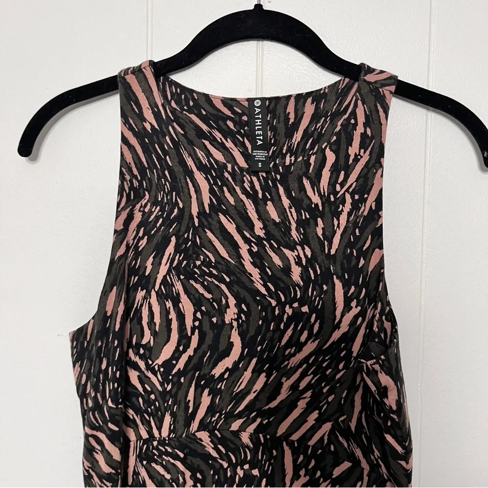 Athleta Santorini Printed Black Green Tan Sleeveless Dress Jersey Knit Soft S